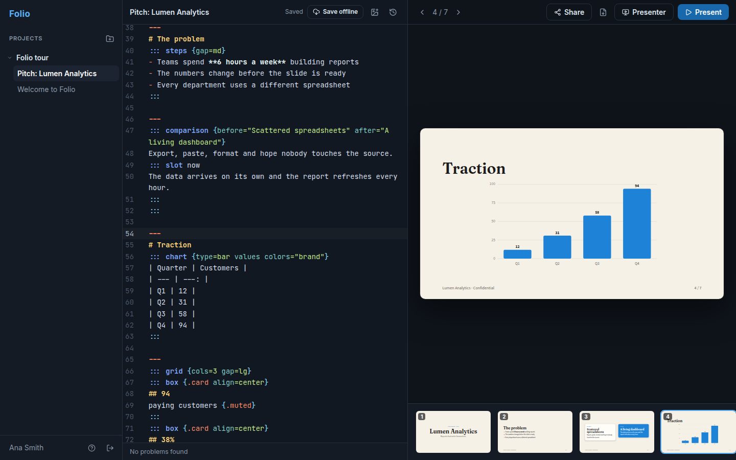 Folio editor with the text on the left and the slide preview on the right