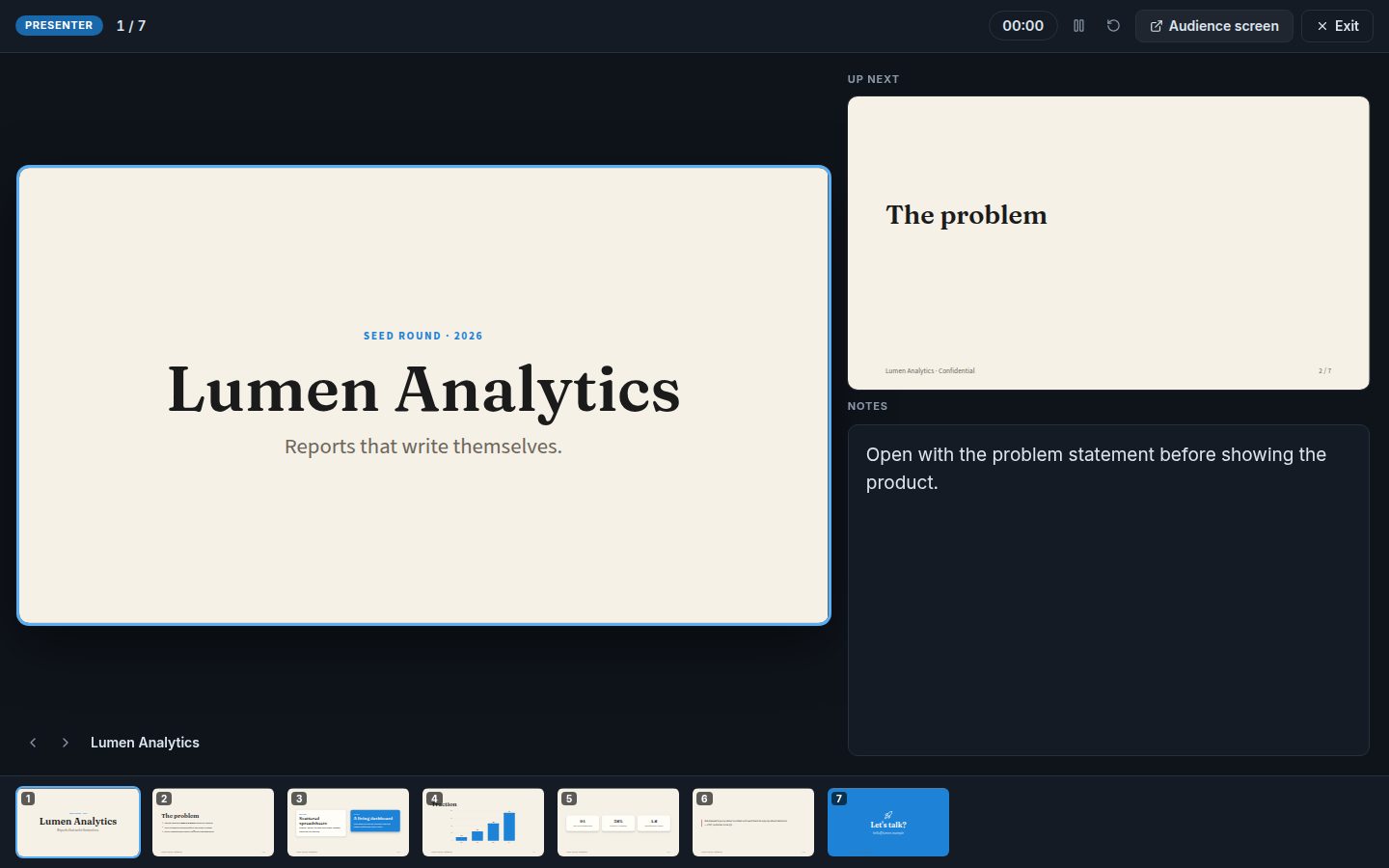Presenter mode with the current slide, next slide and notes