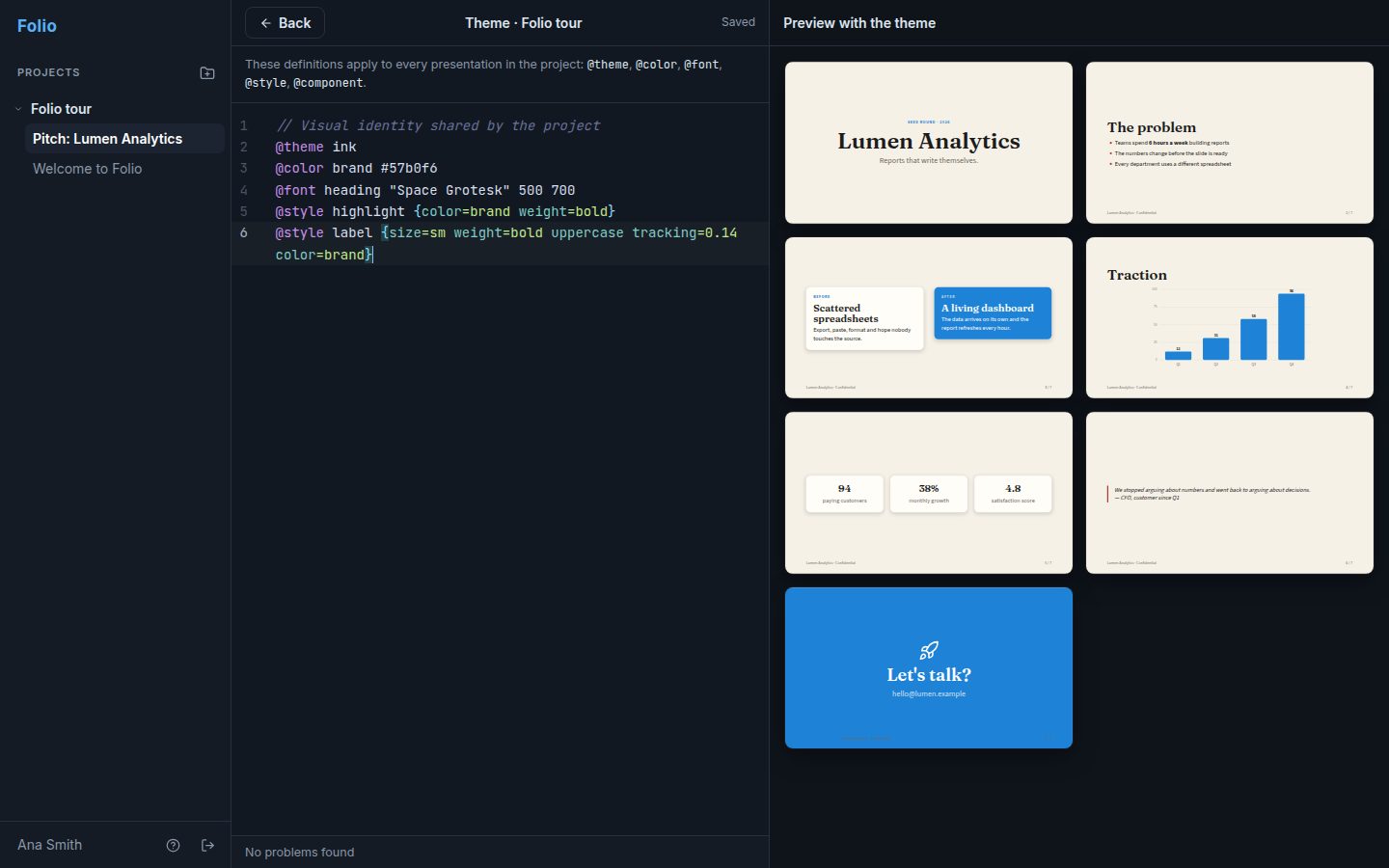 Project theme editor with a preview of the slides